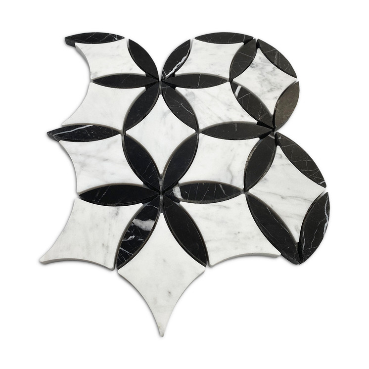 White Carrara with Nero Marquina Black Leafs La Fleur Mosaic Waterjet Tile Honed