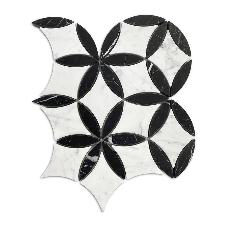 White Carrara with Nero Marquina Black  Leafs La Fleur Marble Mosaic Waterjet Tile Polished