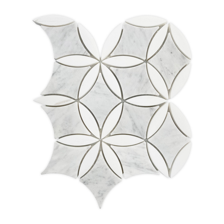 White Carrara with Bianco Dolomite Leafs La Fleur Marble Mosaic Waterjet Tile Polished