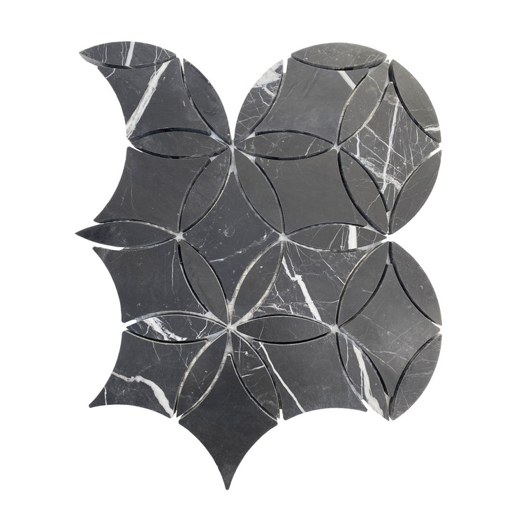 Nero Marquina Black  La Fleur Marble Mosaic Waterjet Tile Polished