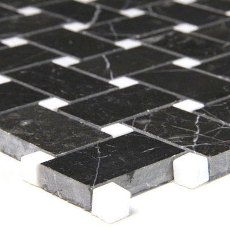 Nero Marquina Black Marble Basketweave Mosaic Tile with White Dots Polished