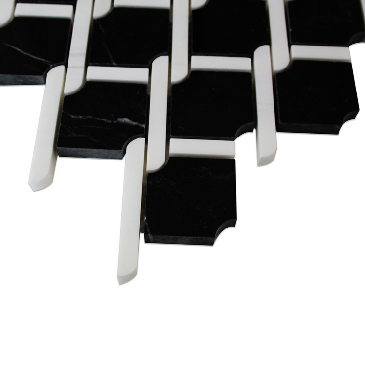 Nero Marquina Black Marble Rope Design with Bianco Dolomite White Strips Polished Mosaic Tile