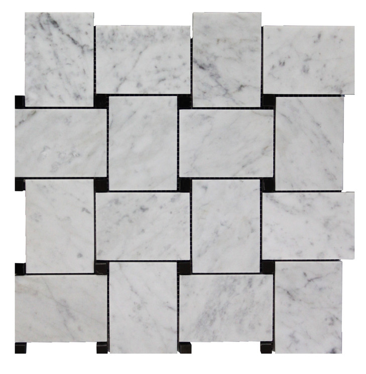 Italian White Carrera Marble Bianco Carrara Basketweave Mosaic Tile with Nero Marquina Black Dots Polished