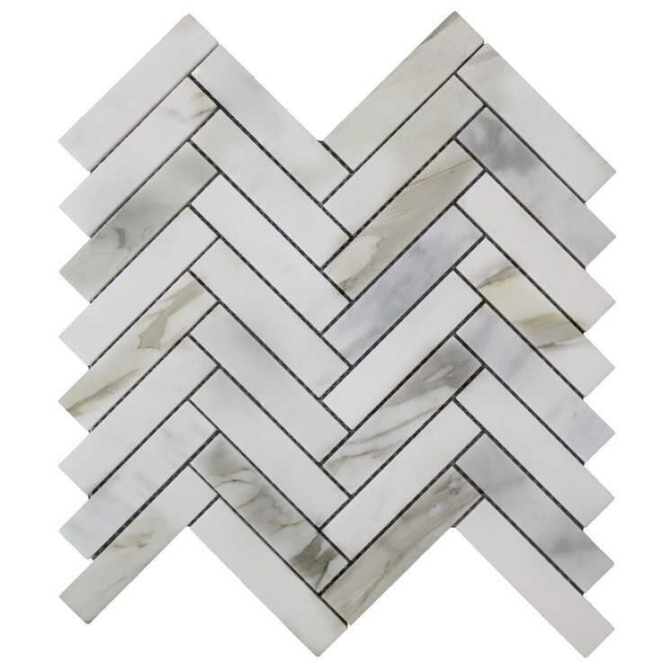 Calacatta Gold Italian Marble 1" x 4" Herringbone Mosaic Tile Honed