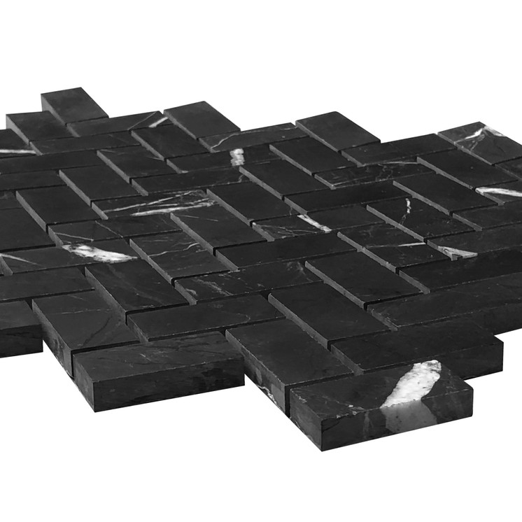 Nero Marquina Black Marble 1" x 2" Herringbone Honed Mosaic Tile