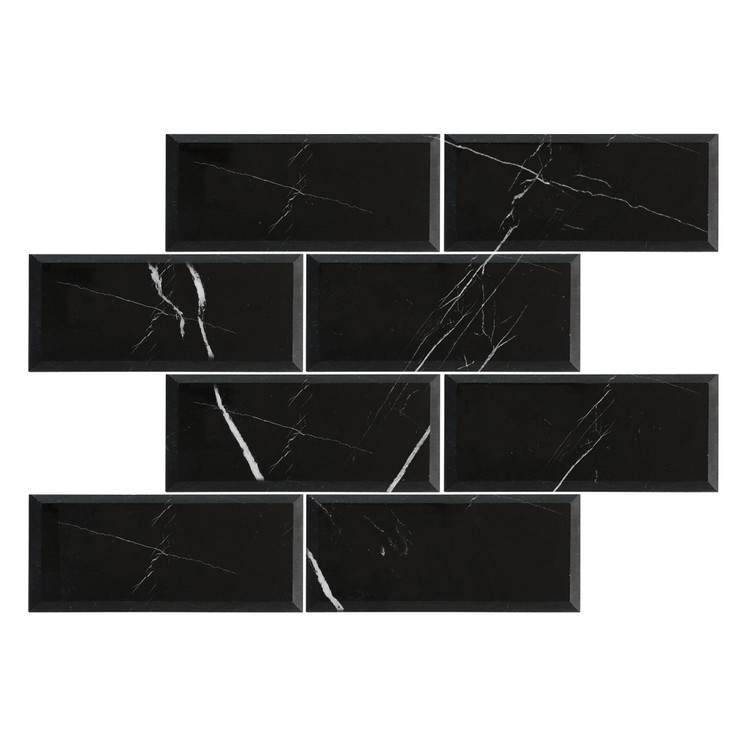 Nero Marquina Black Marble 6x12 Wide Beveled Tile Honed