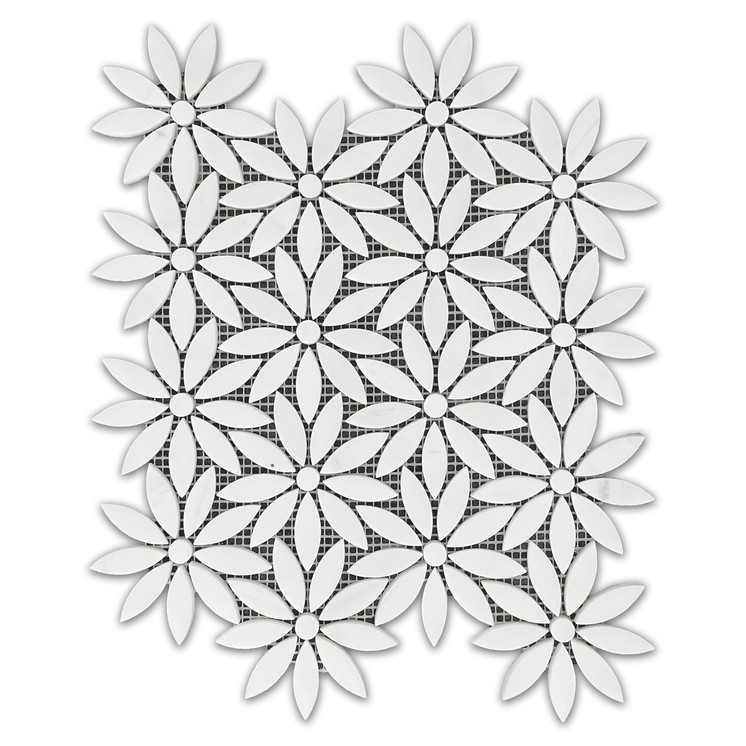 Bianco Dolomite With Bianco Dolomite Center Accent Daisy Flower Waterjet Mosaic Tile Polished