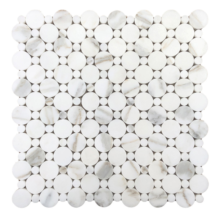 Calacatta Gold Italian Marble Penny Circles Mosaic Tile with Calacatta Circles Honed