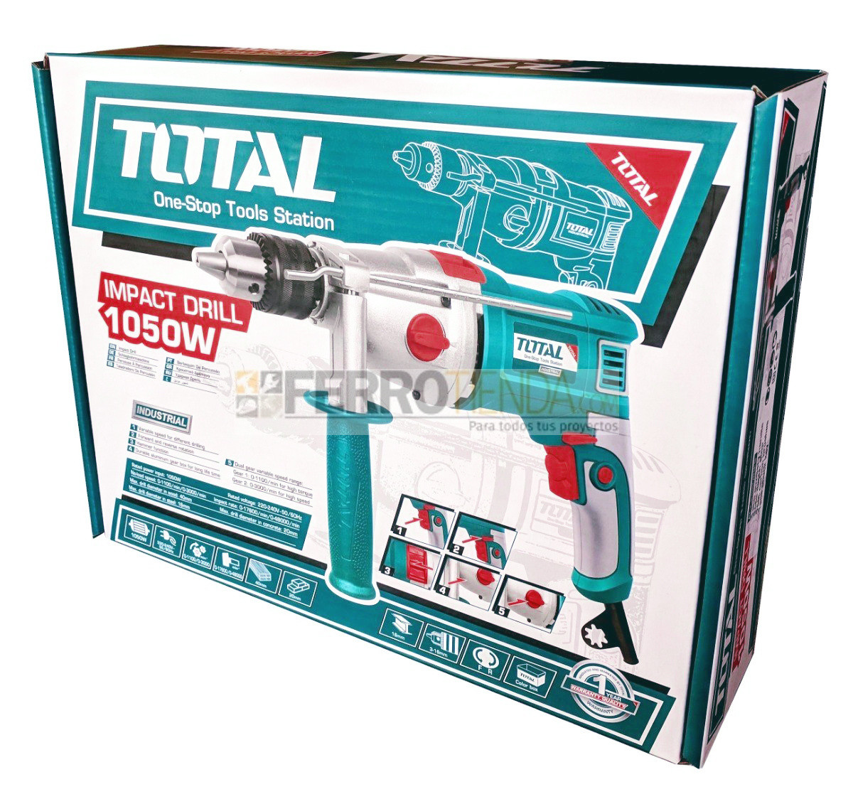 Taladro percutor Industrial 5/8'' 1050W TOTAL reversible, 2 velocidades  variable y ajustable - Ferrotienda.com