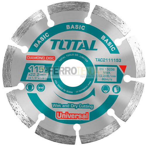 Disco Diamantado Segmentado TOTAL Seco/Mojado 4 1/2''x7/8" camada 7.5mm