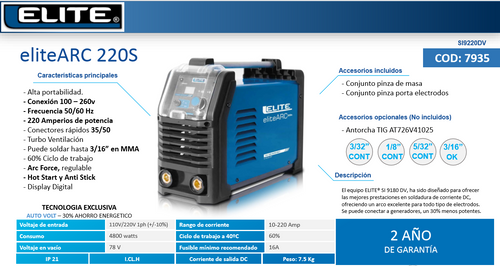 Soldadora Inverter Industrial Elite Modelo Arc 220amp SI9220DV