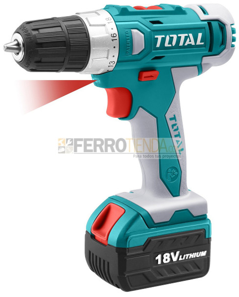 Taladro percutor atornillador inalambrico TOTAL 18V 3/8'' velocidad variable 22+1+1 torques