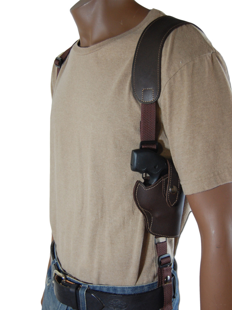 Brown Leather Vertical Shoulder Holster with Speedloader Pouch for 2