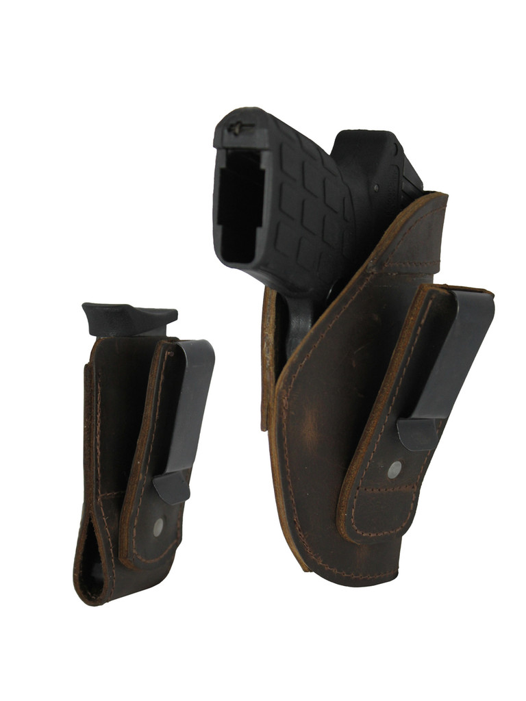 Brown Leather Tuckable IWB Holster + Magazine Pouch for 380, Ultra Compact 9mm 40 45 Pistols