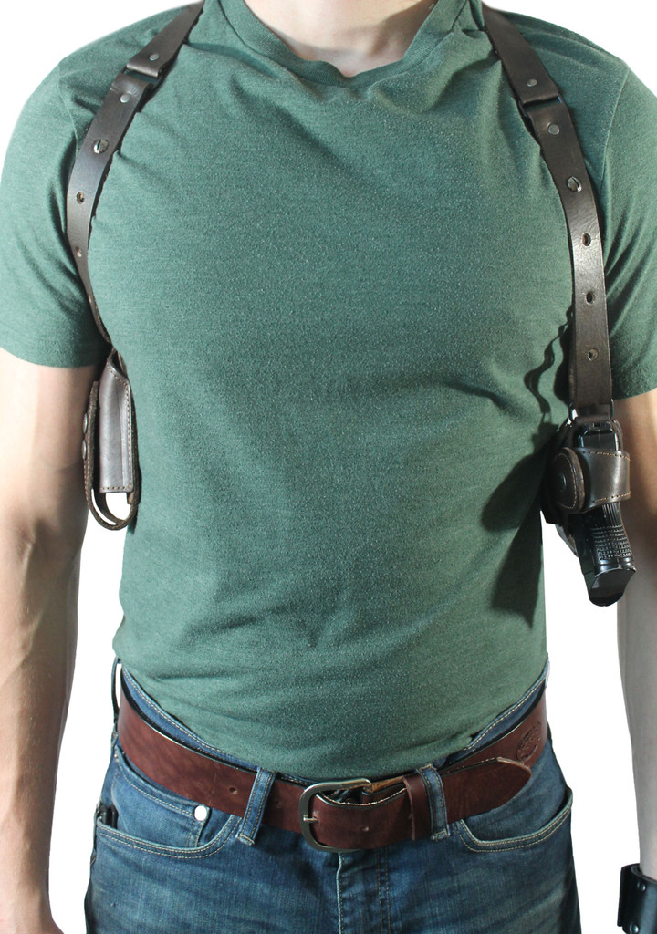 ambidextrous leather shoulder holster with magazine pouch
