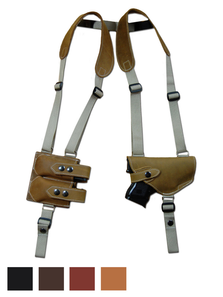 Leather Horizontal Shoulder Holster with Double Magazine Pouch for Compact 9mm .40 .45 Pistols