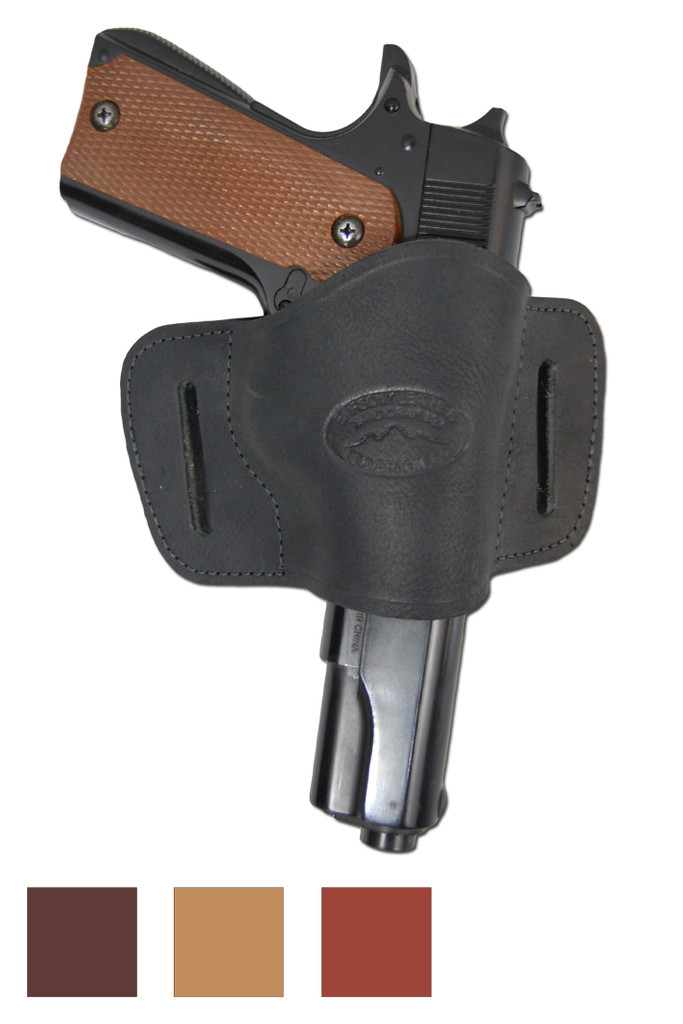 Leather Quick Slide Holster for Full Size 9mm 40 45 Pistols - available in black, brown, burgundy and saddle tan