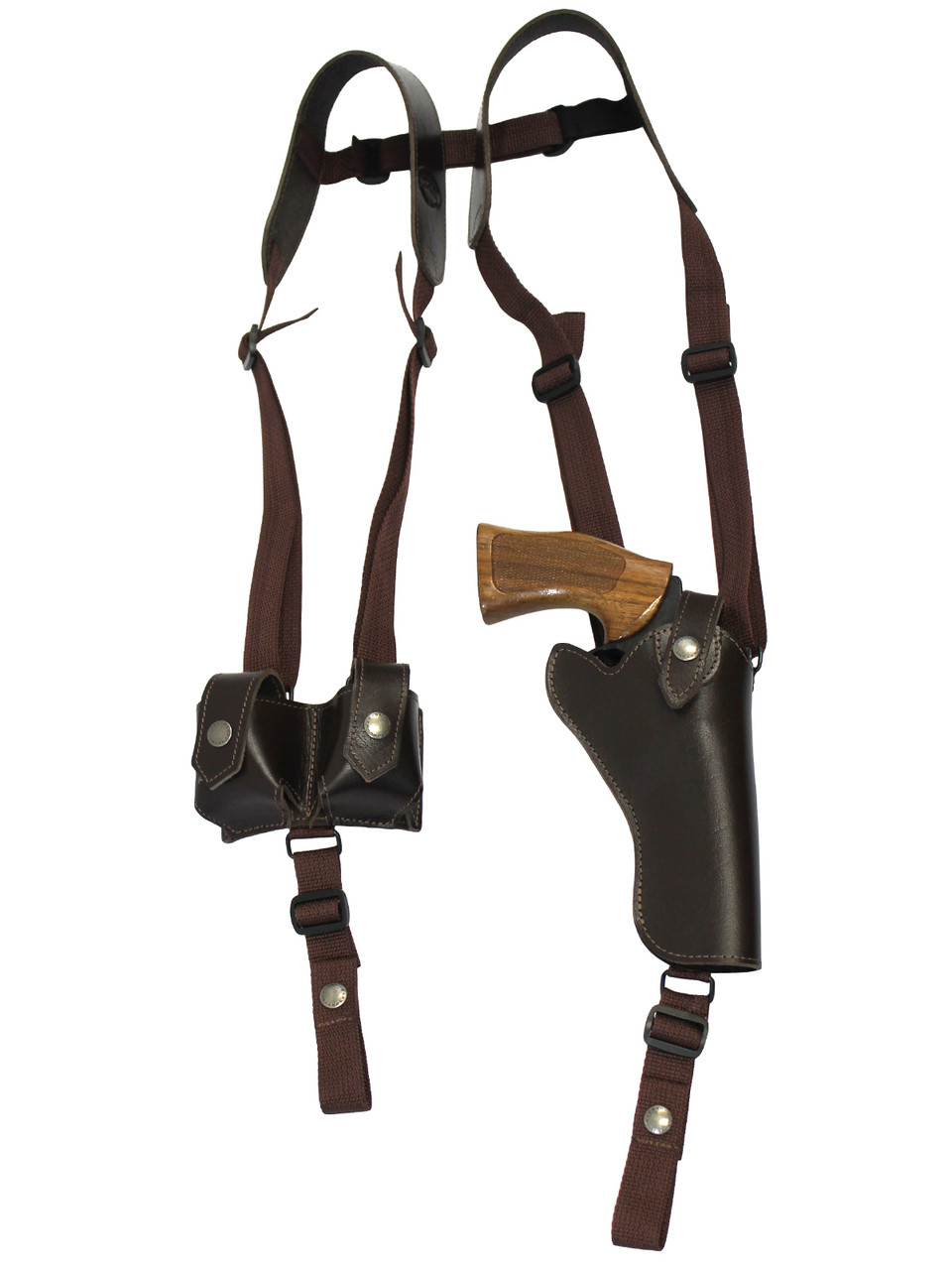 Brown Leather Vertical Shoulder Holster w/ Speed-loader Pouch for 4" Revolvers