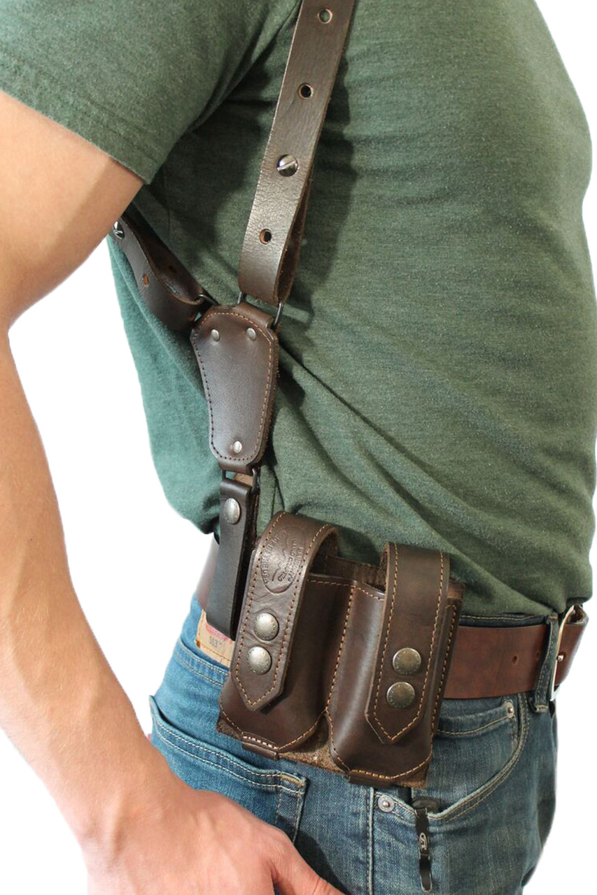 leather magazine pouch on belt with shoulder holster