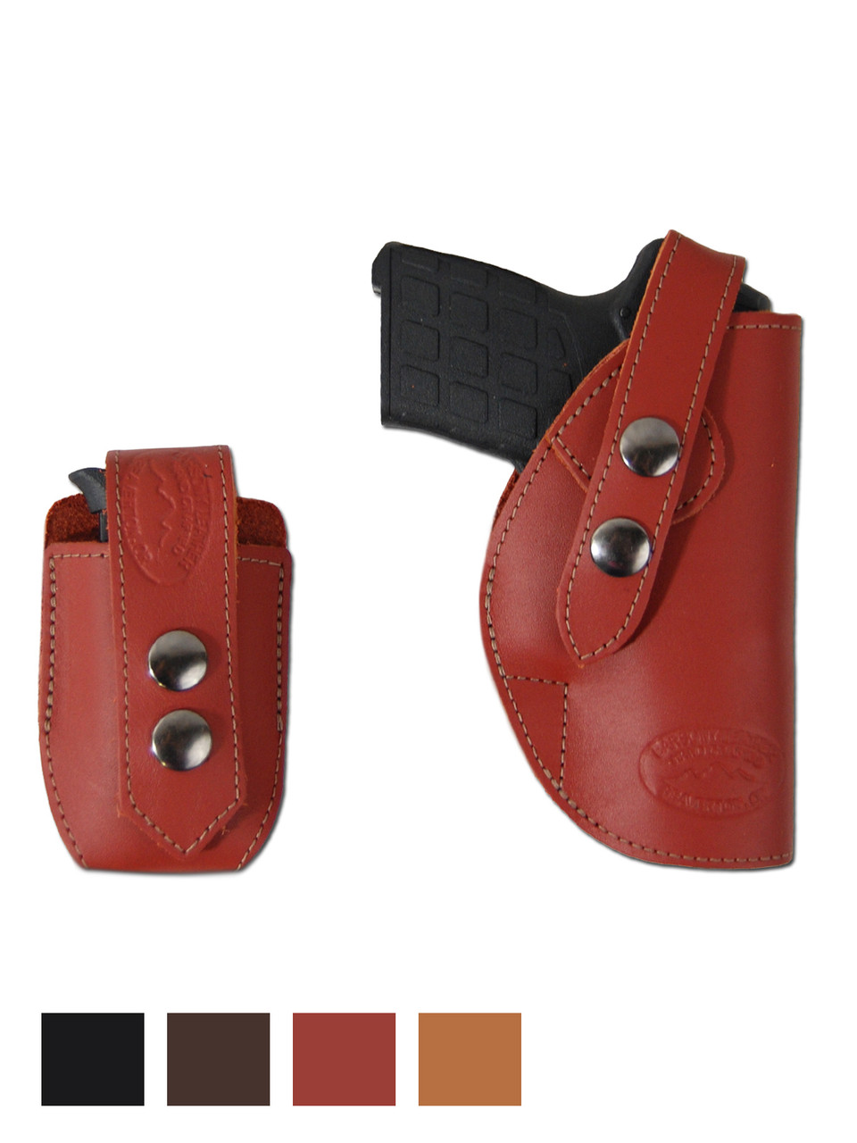 Leather OWB Belt Gun Holster + Single Magazine Pouch for .380, Ultra-Compact 9mm 40 45 Pistols