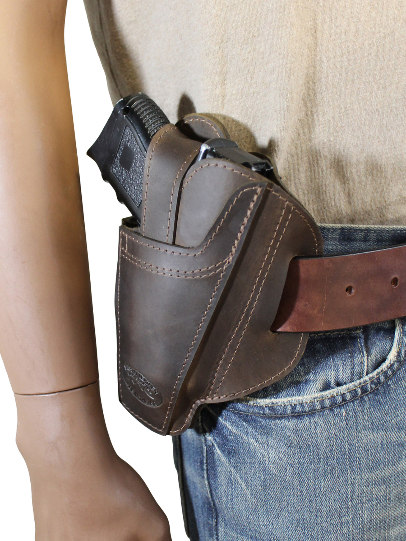 Ambidextrous Brown Leather Pancake Holster for Full Size 9mm 40 45