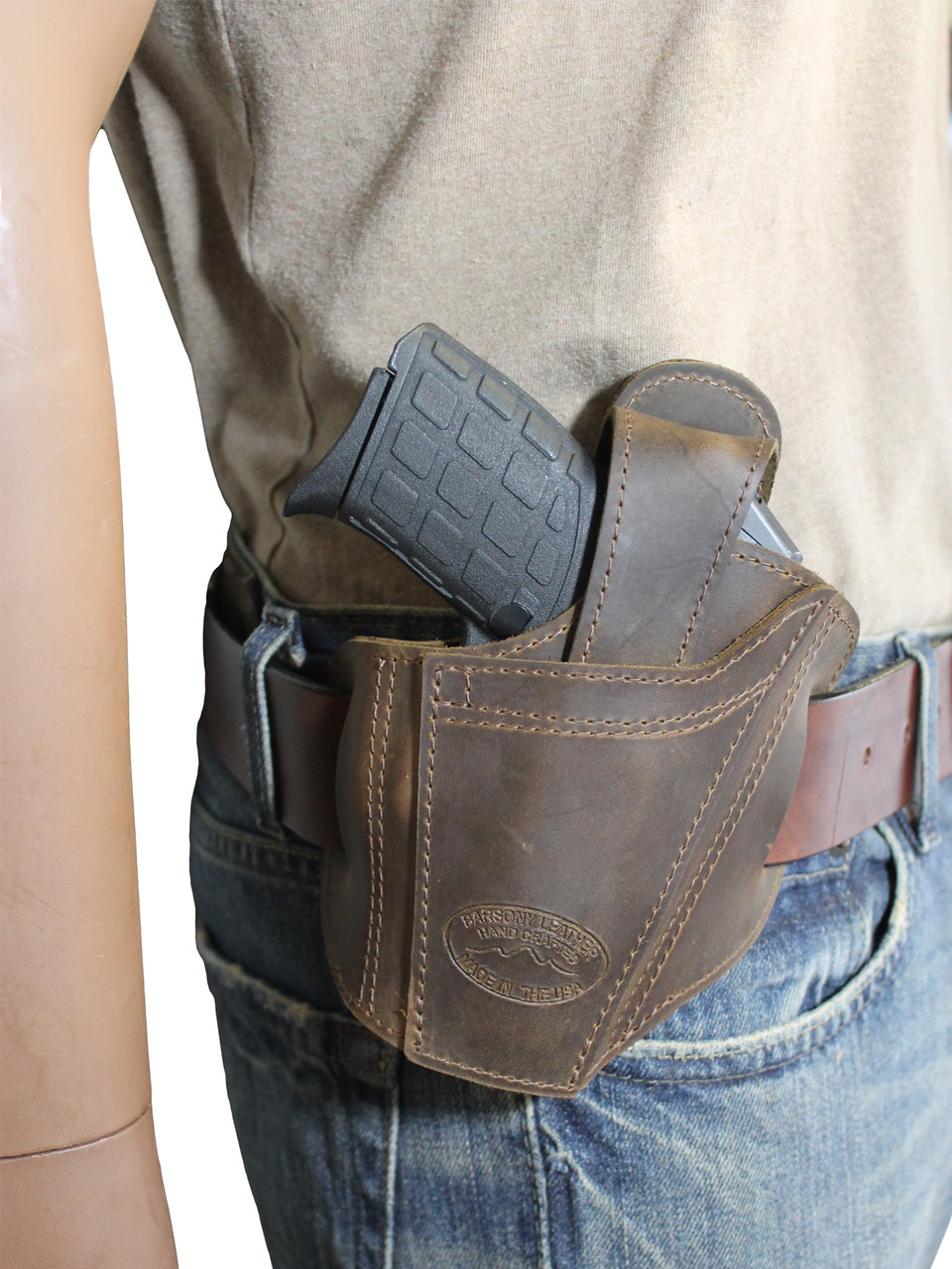 Brown Leather Ambidextrous Pancake Holster 380, Ultra Compact 9mm 40 45