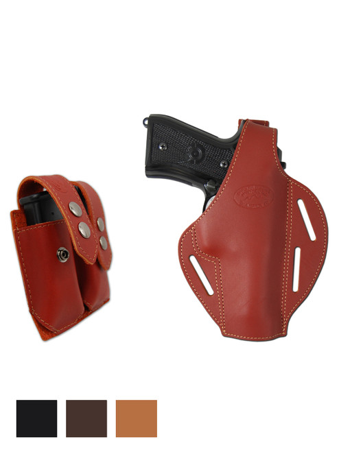 Leather Pancake Holster + Double Magazine Pouch for Full Size 9mm 40 45 Pistols