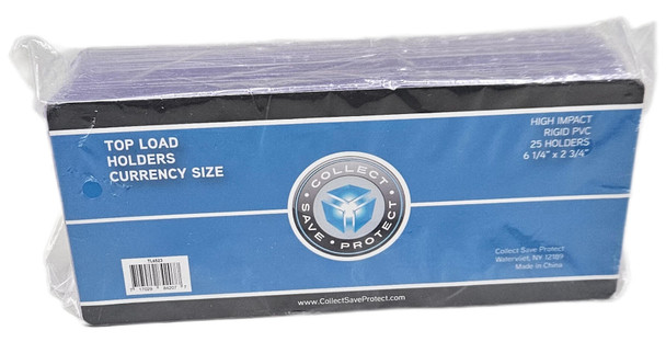 CSP Regular Currency Topload Holders - Standard Dollar Bill Size (25 Count Pack)