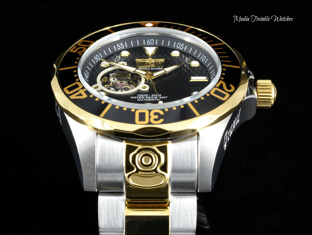 Invicta 13705 Grand Diver Automatic Black Dial Two Tone "Open Heart" Stainless Steel Bracelet Watch | Free Shipping