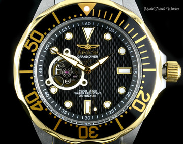 Invicta 13705 Grand Diver Automatic Black Dial Two Tone "Open Heart" Stainless Steel Bracelet Watch | Free Shipping