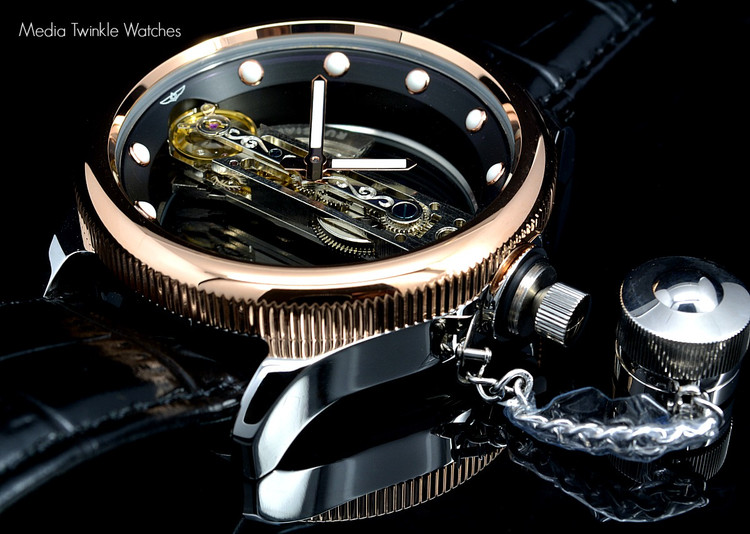 Invicta 14214 Russian Diver Bridge Automatic Rose Gold Tone Black Leather Strap Watch | Free Shipping