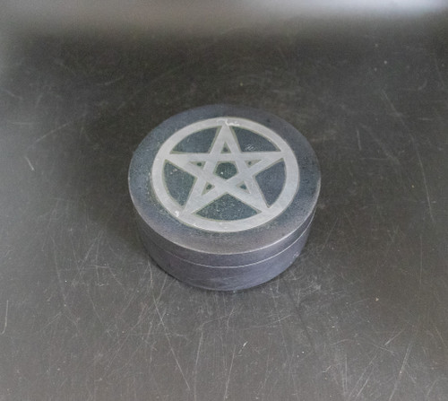 Round Black Soapstone Box w/ Silver Inlay Pentacle