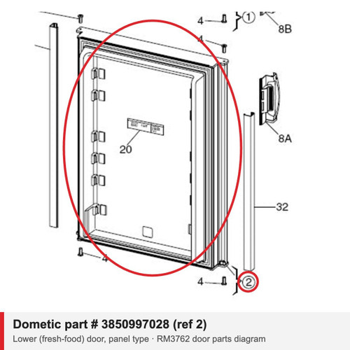 Dometic Refrigerator Lower (Fresh Food) Door Assembly, Panel Type 3850997028 (RM3762)