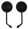 Rear view of black round motorcycle mirrors.