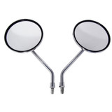 Chrome, metal motorcycle mirrors featuring a large 4 inch mirror lens.  Mirror lens is high quality distortion free glass.  Each mirror is fully adjustable, meaning the lens can be fixed into any angle position you please.  Once fixed into position, you won't have to worry about re-adjusting. The lenses on these mirrors are designed to stay in place without being loose.