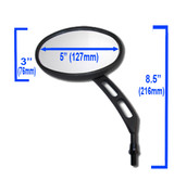 Dimensions and specifications of carbon black motorcycle mirrors. Sold as a pair.