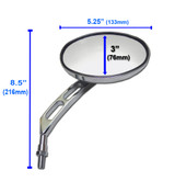 Dimensions and specifications for chrome billet oval motorcycle mirrors.