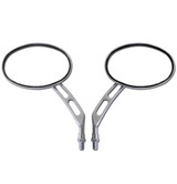 Replace your stock mirrors with a pair of these chrome billet oval motorcycle handlebar mirrors.  They feature a large, oval, glass mirror lens, and are complimented with a cool looking slotted mirror stem. Sold as a pair.