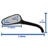 Dimensions and specifications of black billet golf club motorcycle mirrors.