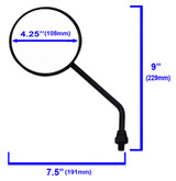 Dimensions and specifications of black round mirrors.