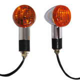 Each motorcycle turn signal indicator is chrome plated, has a removable amber colored lens, and includes a black, rubber, weather resistant mounting stud, with metal threaded mounting shaft. Turn signals come as a pair and all hardware for installing them is included.