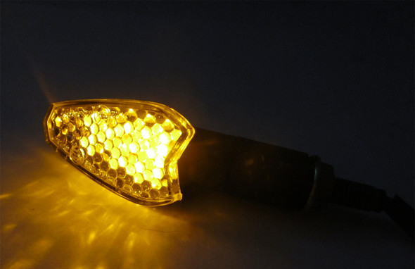 Each motorcycle turn signal has 12 large led's which give off a bright amber colored light when activated.  These turn signals are very bright which makes it easier for drivers to see you signal not only during the night but during the day as well.  Each indicator has two extra long color coded wires which makes hooking them up super easy.