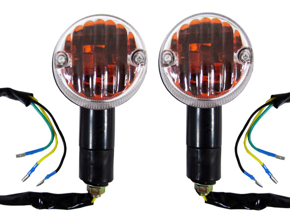 Each turn signal has 3 wires which lets you use these turn signals as directionals, running lights, or both simultaenously.  Turn signals have a dual filament bulb which can be replaced whenever necessary.  Turn signals also feature a black, rubber, weather resistant mounting stud.   Sold as a pair.