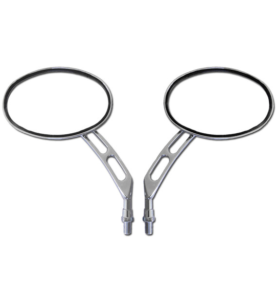 Replace your stock mirrors with a pair of these chrome billet oval motorcycle handlebar mirrors.  They feature a large, oval, glass mirror lens, and are complimented with a cool looking slotted mirror stem. Sold as a pair.