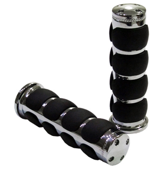 Tired of your hands being sore all the time while you ride? Upgrade your handlebar grips to a pair of chrome billet ISO comfort grips.  They feature soft rubber black colored pads that are specifically designed to reduce strain and discomfort on your hands while you ride, allowing you to ride longer with no discomfort.