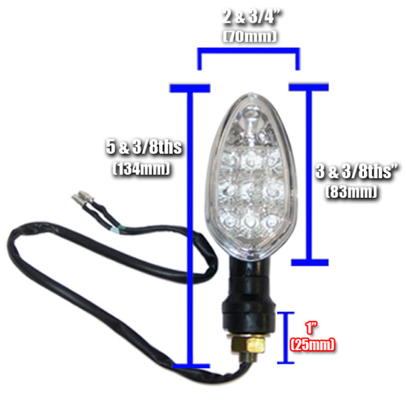 Dimensions and specifications of black led motorcycle turn signals.