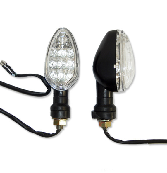 These "Euro custom" black motorcycle LED turn signals feature a clear lens along with 12 bright LED's.  They have a sleek design which will definitely upgrade the look on any stock bike.  In case they are hit, their semi-flexible mounting base will help prevent them from sustaining damage.  Sold as a pair.