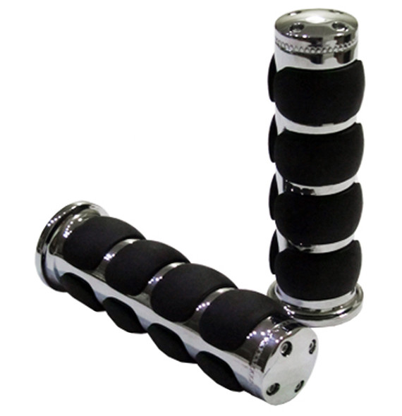 Tired of your hands being sore all the time while you ride? Upgrade your handlebar grips to a pair of chrome billet ISO comfort grips. They feature soft rubber black colored pads that are specifically designed to reduce strain and discomfort on your hands while you ride, allowing you to ride longer with no discomfort.