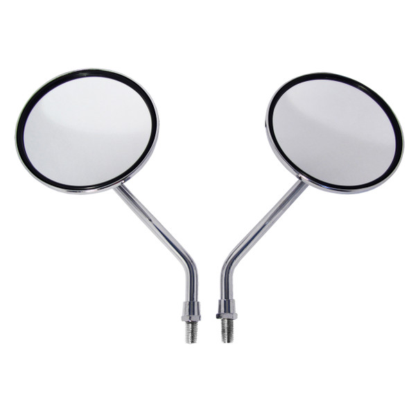 Chrome, metal motorcycle mirrors featuring a large 4 inch mirror lens. Mirror lens is high quality distortion free glass. Each mirror is fully adjustable, meaning the lens can be fixed into any angle position you please. Once fixed into position, you won't have to worry about re-adjusting. The lenses on these mirrors are designed to stay in place without being loose.