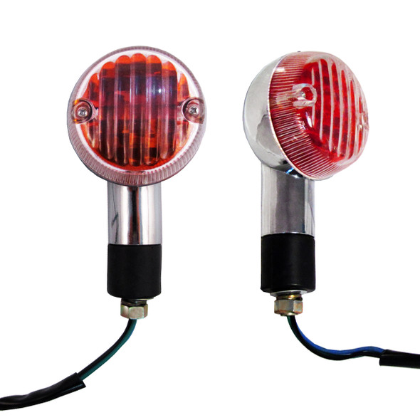 Customize your ride and save money with these high quality, chrome, round, motorcycle turn signals.  Not only do they look great but they can also be used as running lights as well. They feature a large, amber lens which helps to enhance your safety, by allowing others on the road to see when you signal easier, compared to signals that use a smaller, more difficult to spot, turn signal lens.
